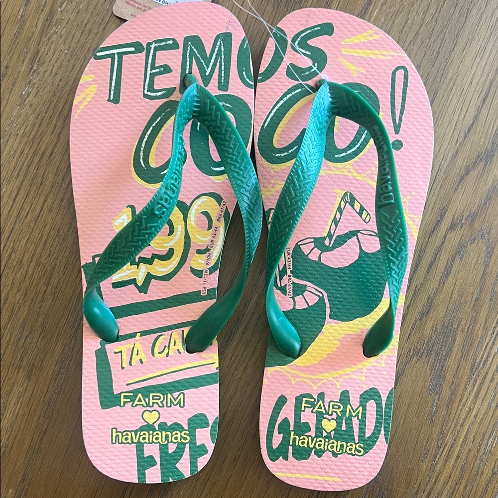 Havaianas Pink Flip Flops with Green Straps and Tropical Print